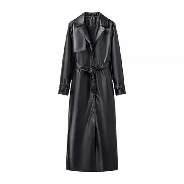 Women's Double-Breasted Faux Leather Trench Coat