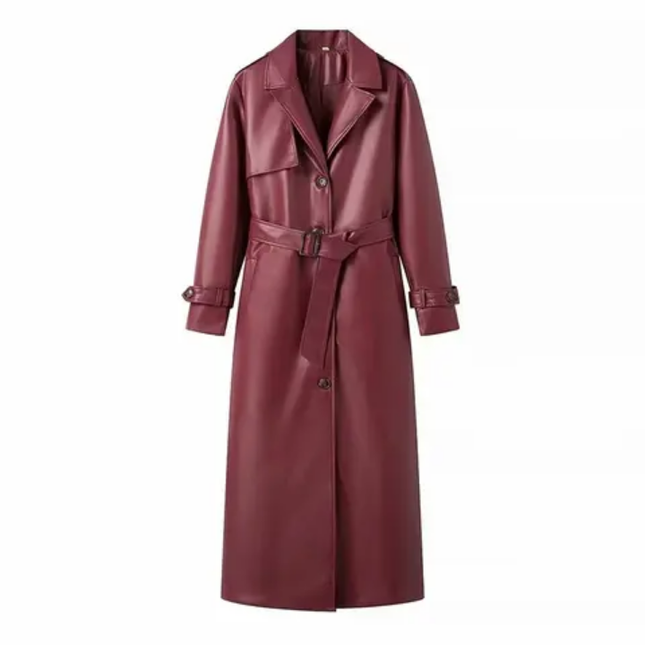 Women's Double-Breasted Faux Leather Trench Coat