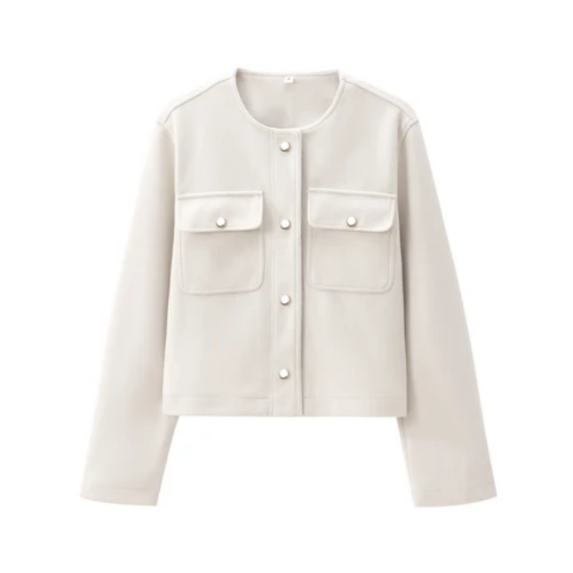 Women's Solid Color Crew Neck Button-Up Jacket