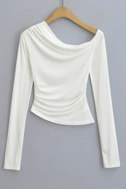 Women's Asymmetrical Pleated Long Sleeve T-Shirt