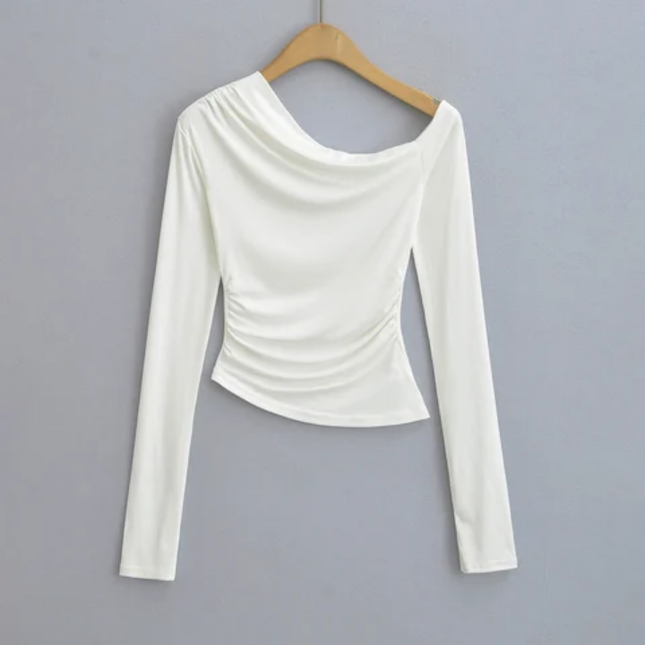 Women's Asymmetrical Pleated Long Sleeve T-Shirt