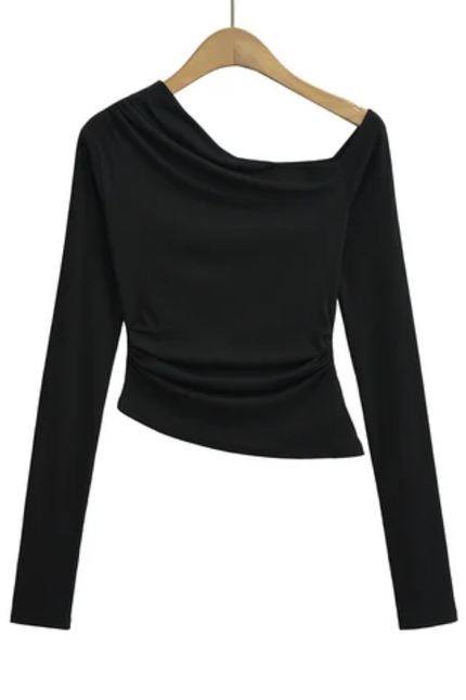 Women's Asymmetrical Pleated Long Sleeve T-Shirt