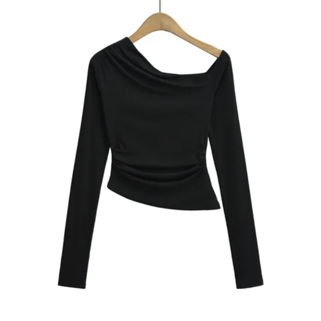 Women's Asymmetrical Pleated Long Sleeve T-Shirt