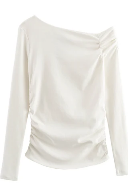 Women's Asymmetrical Collar Pleated Long Sleeve Top