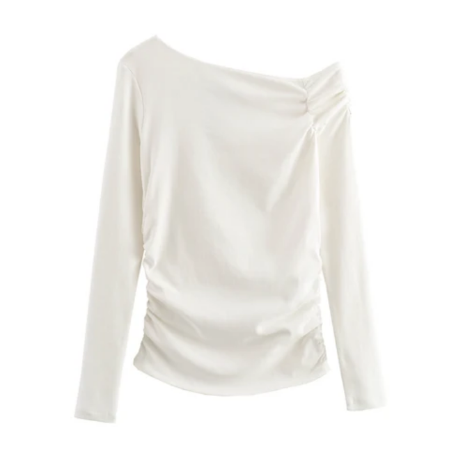Women's Asymmetrical Collar Pleated Long Sleeve Top