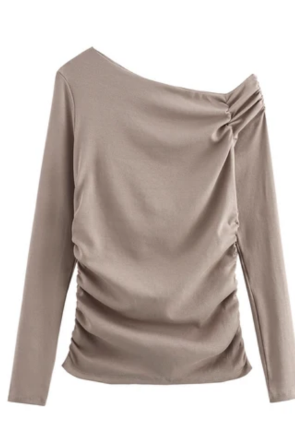 Women's Asymmetrical Collar Pleated Long Sleeve Top