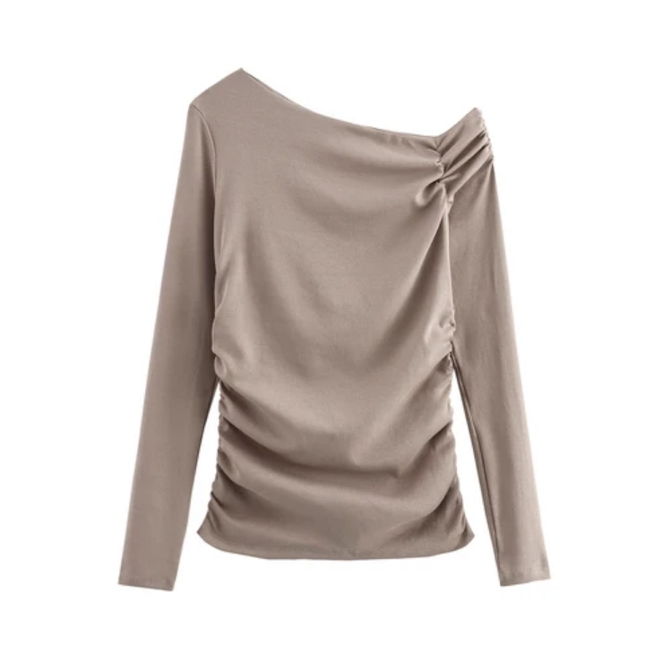 Women's Asymmetrical Collar Pleated Long Sleeve Top
