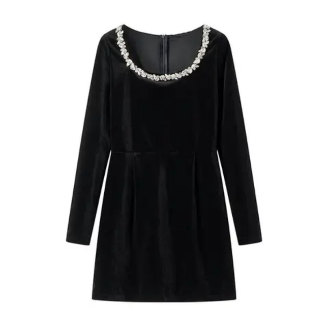 Beaded Square Collar Long Sleeve Mini Dress