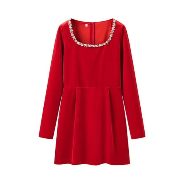 Beaded Square Collar Long Sleeve Mini Dress