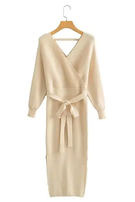 V-Neck Knit Long Dress with Sash