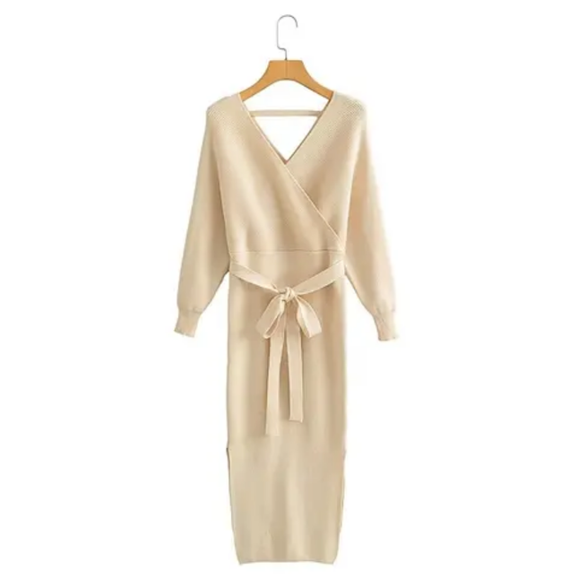 V-Neck Knit Long Dress with Sash