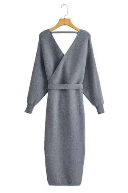 V-Neck Knit Long Dress with Sash