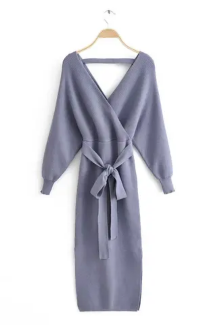 V-Neck Knit Long Dress with Sash