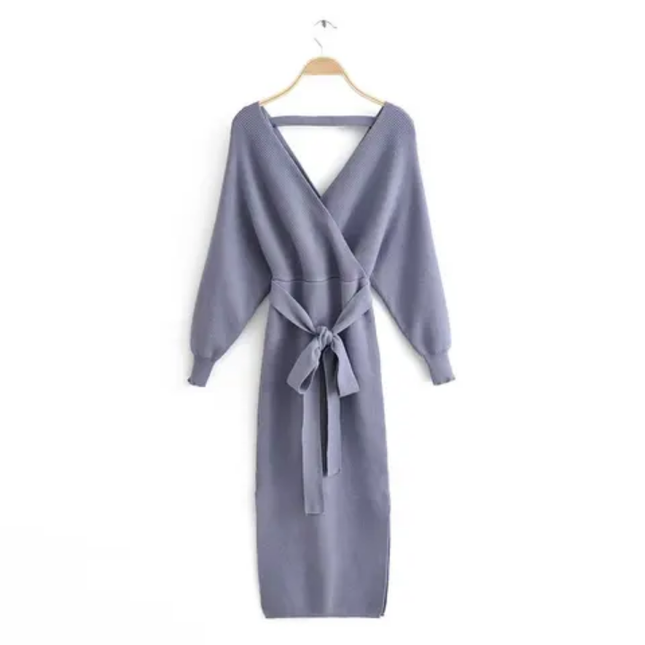 V-Neck Knit Long Dress with Sash