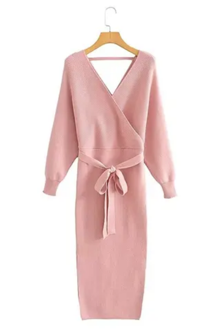 V-Neck Knit Long Dress with Sash