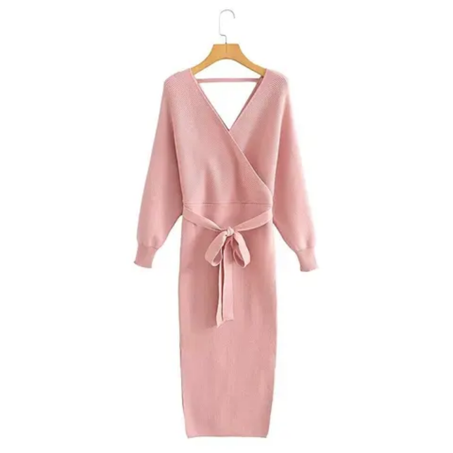 V-Neck Knit Long Dress with Sash