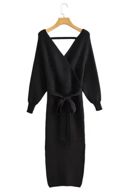 V-Neck Knit Long Dress with Sash