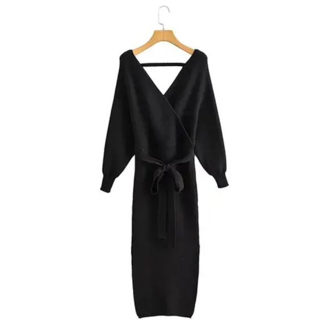 V-Neck Knit Long Dress with Sash