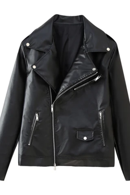 PU Leather Zip-Up Moto Jacket for Women