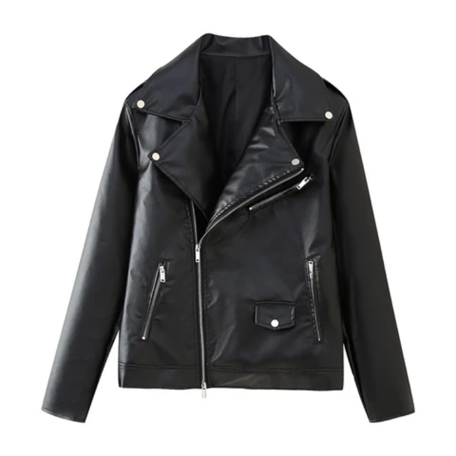 PU Leather Zip-Up Moto Jacket for Women