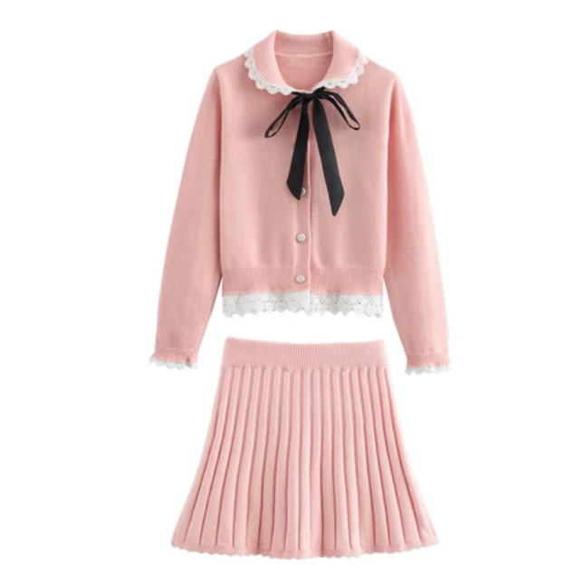 Peter Pan Collar Cardigan & Skirt Set