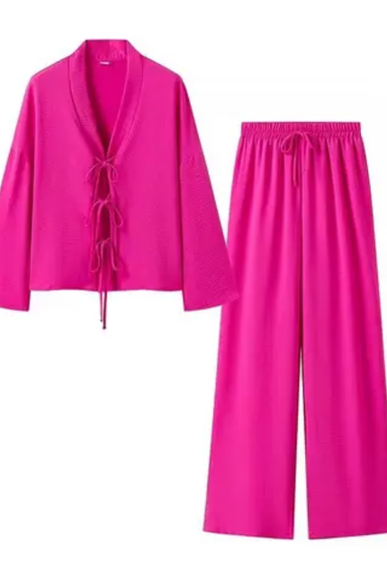 Solid Color Lace-Up Blouse & Drawstring Pants Set