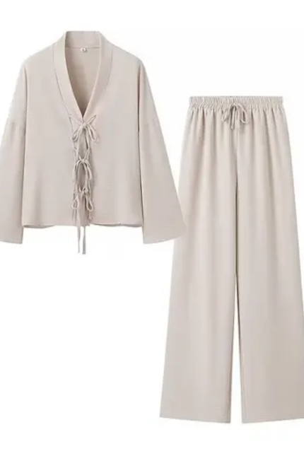 Solid Color Lace-Up Blouse & Drawstring Pants Set