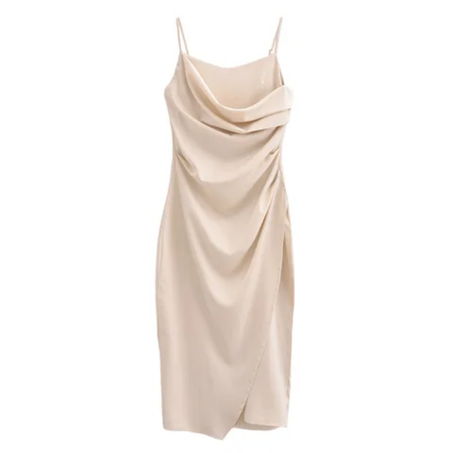 Front Slit Pleated Spaghetti Strap Dress