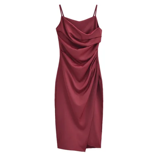 Front Slit Pleated Spaghetti Strap Dress