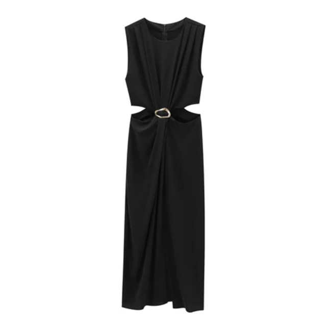 Crew Neck Buckle Waist Maxi Dress