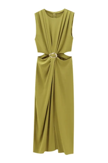 Crew Neck Buckle Waist Maxi Dress