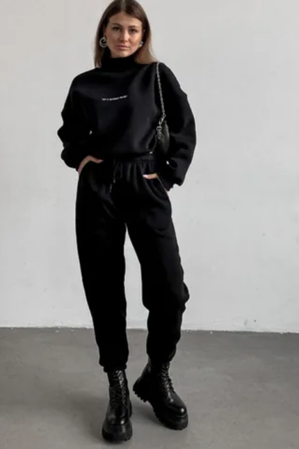 Letter Print Turtleneck Hoodie & Jogger Set