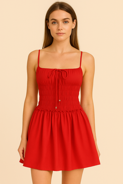 Red Smocked Lace-Up Cotton Mini Dress