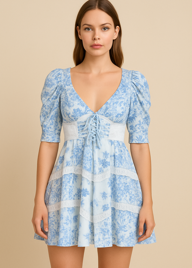 Blue & White Floral V-Neck Mini Dress