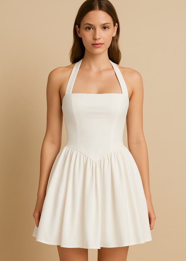 Backless Solid Mini Halter Dress for Ladies