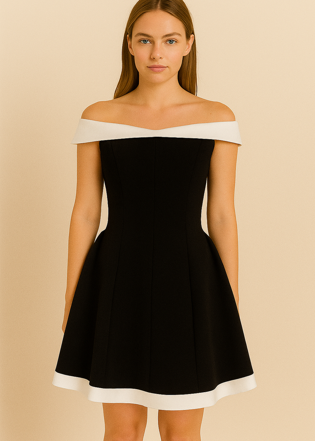 Black Slash Neck Mini Dress for Women