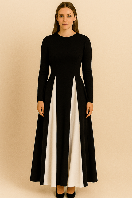 Elegant Black & White Patchwork Ruffle Dress