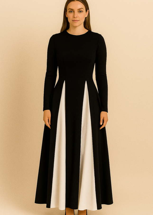 Elegant Black & White Patchwork Ruffle Dress