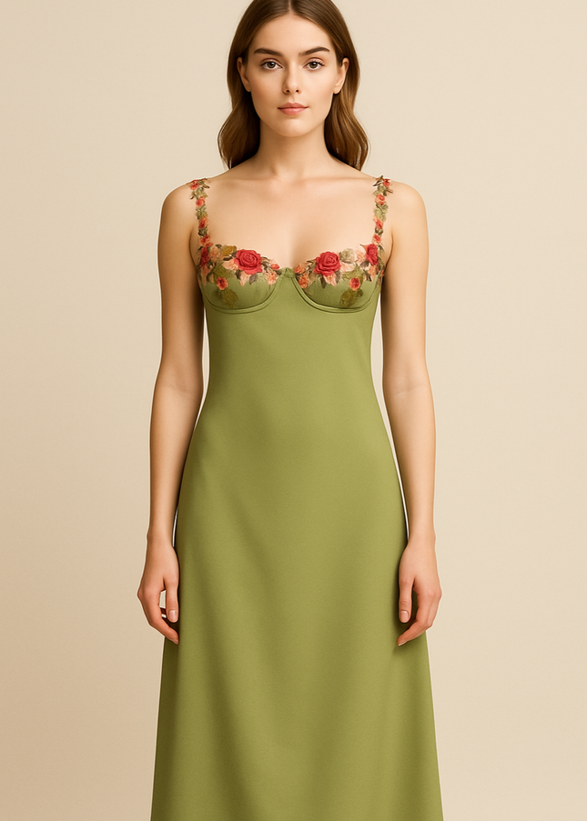 Green Floral Embroidery Spaghetti Strap Dress