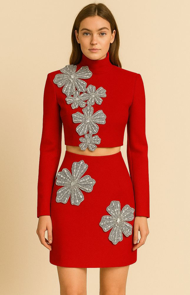 Luxury Crystal Flower Mini Skirt Set