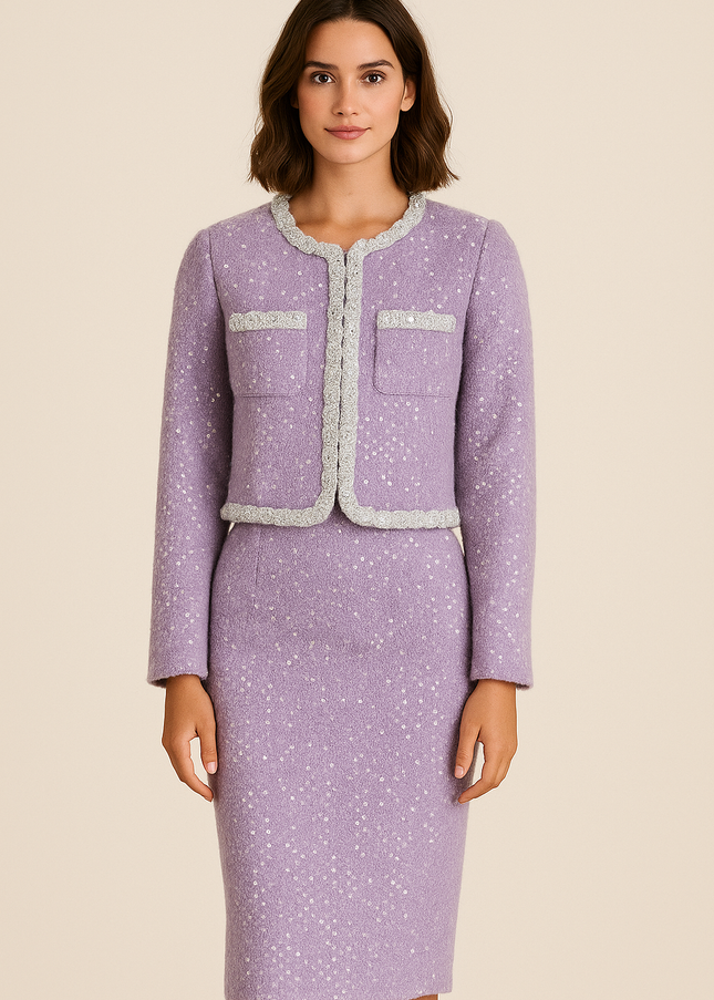 Sparkling Sequin Long Sleeve Jacket with Skirt Set