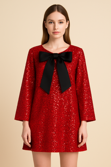 Sequin Long Sleeve Crew Neck Mini Dress