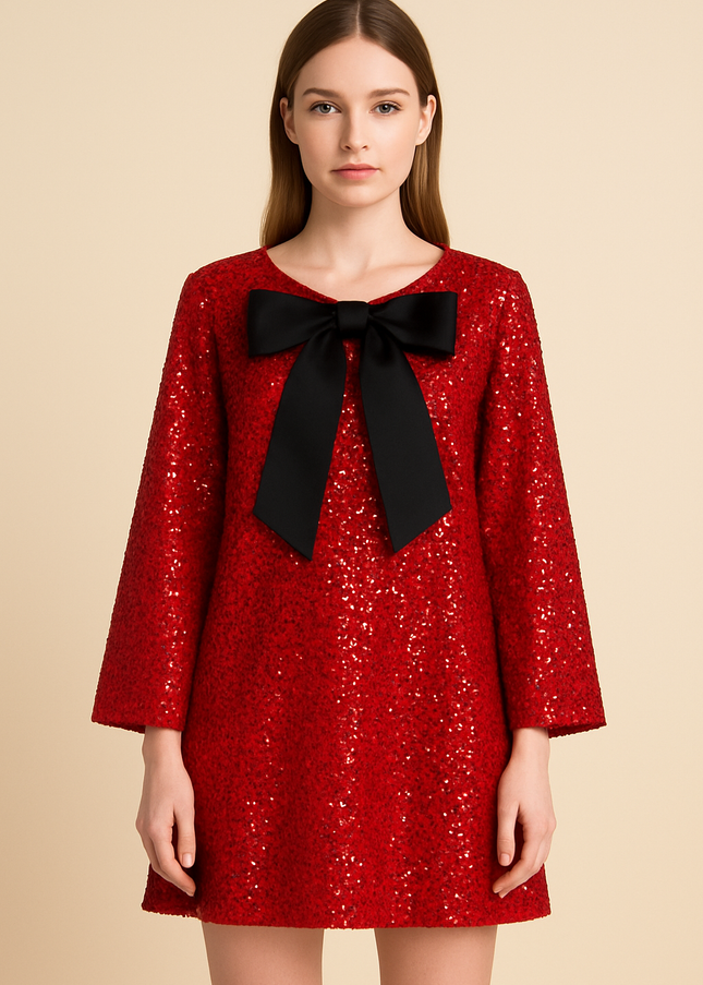 Sequin Long Sleeve Crew Neck Mini Dress