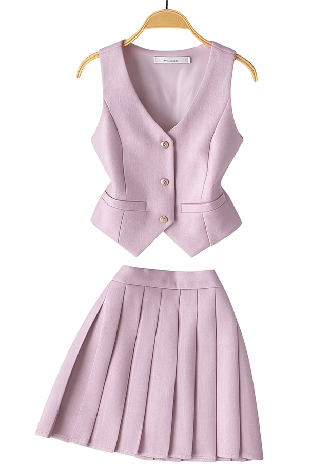 Elegant French Pleated Skirt Suit Set Outfit
