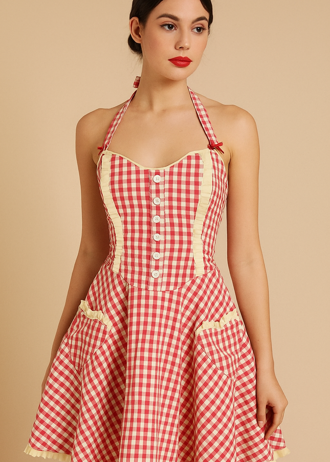 Plaid Print Red Color Back Hollow Dress
