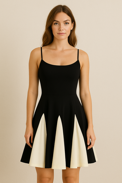 Spaghetti Strap Beige Black Mini Dress
