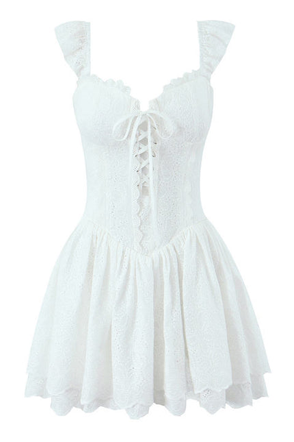 White Color Shoulder Strap Front Lace up Hot Sale Casual Fashion Cotton Mini slip Dress for Ladies