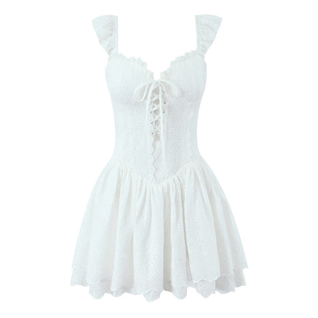 White Color Shoulder Strap Front Lace up Hot Sale Casual Fashion Cotton Mini slip Dress for Ladies