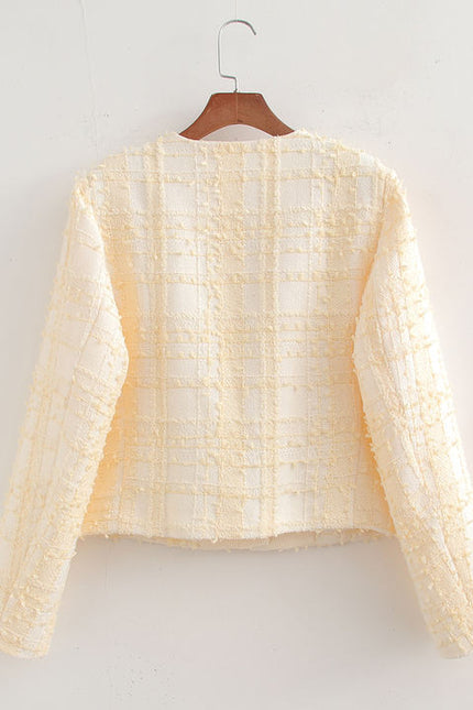 Crew Neck Beige Color Single Breasted Long Sleeve Hot Sale Casual Tweed Jacket for Women