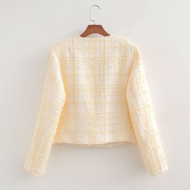 Crew Neck Beige Color Single Breasted Long Sleeve Hot Sale Casual Tweed Jacket for Women